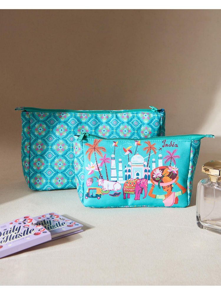 Chumbak Turquoise Printed Pouches (Pack Of 2)-image-7