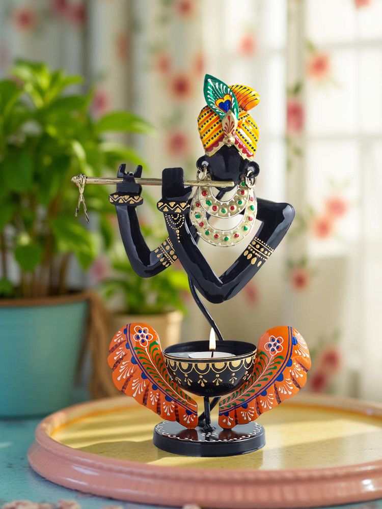 Golden Peacock Black Krishna Shaped Candle Holder-picture-35
