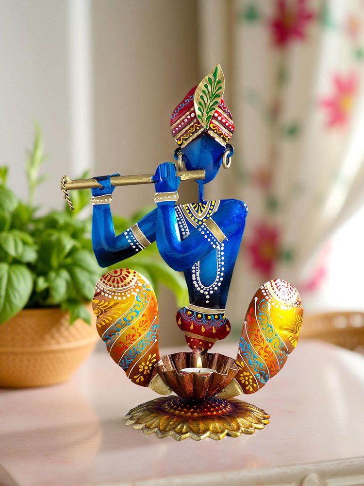 Golden Peacock Yellow-Blue Handpainted T-light Krishna Candle Holder-picture-30