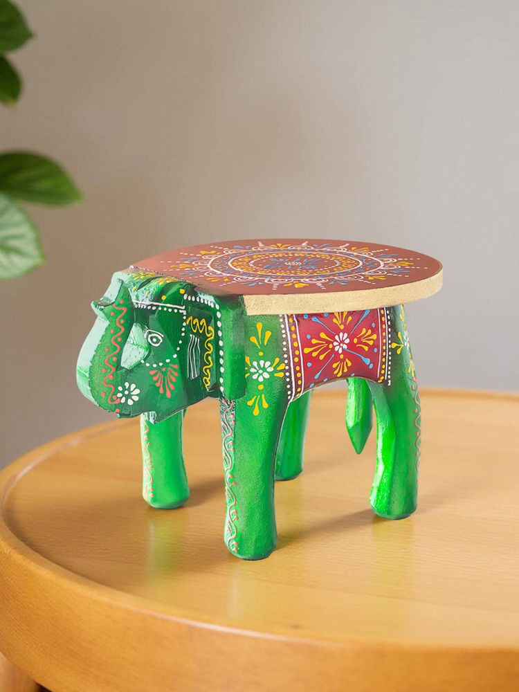 Golden Peacock Handcrafted Green 6 Inch Elephant Stool-picture-26