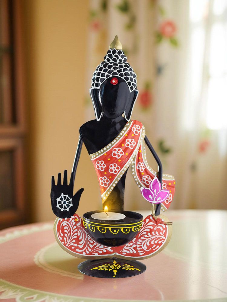 Golden Peacock Handpainted Handcrafted Orange Black Buddha Shaped Showpiece-picture-10