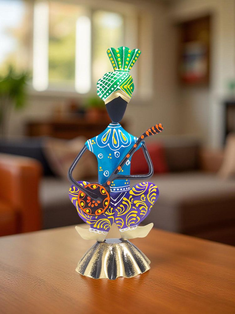 Golden Peacock Blue and Multi-Colour Hand-Painted & Handcrafted Tribal Metal Showpiece-image-36
