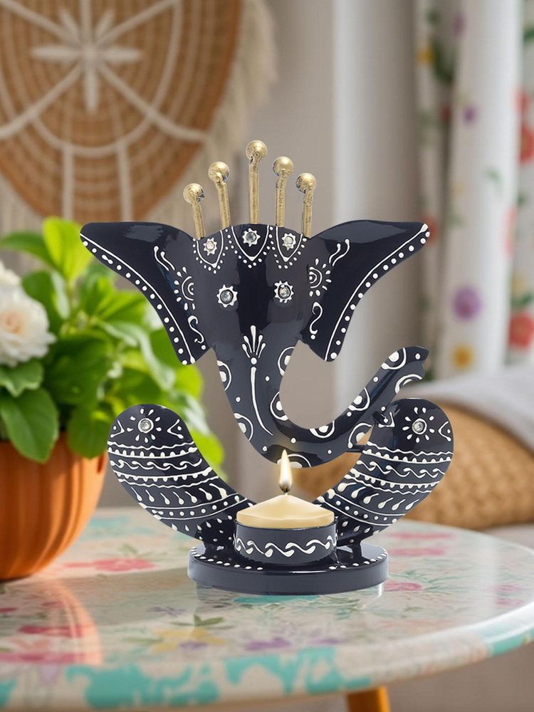 Golden Peacock Hand painted Handcrafted Black Ganesha Shaped Showpiece Candle holder-image-46