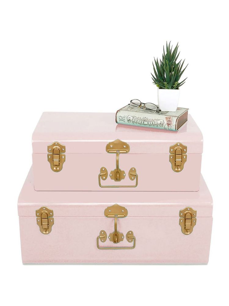 Living With Elan Buxa Metal Trunk Set Of 2 Storage Chest -Powder Pink with Golden Accessories-image-40