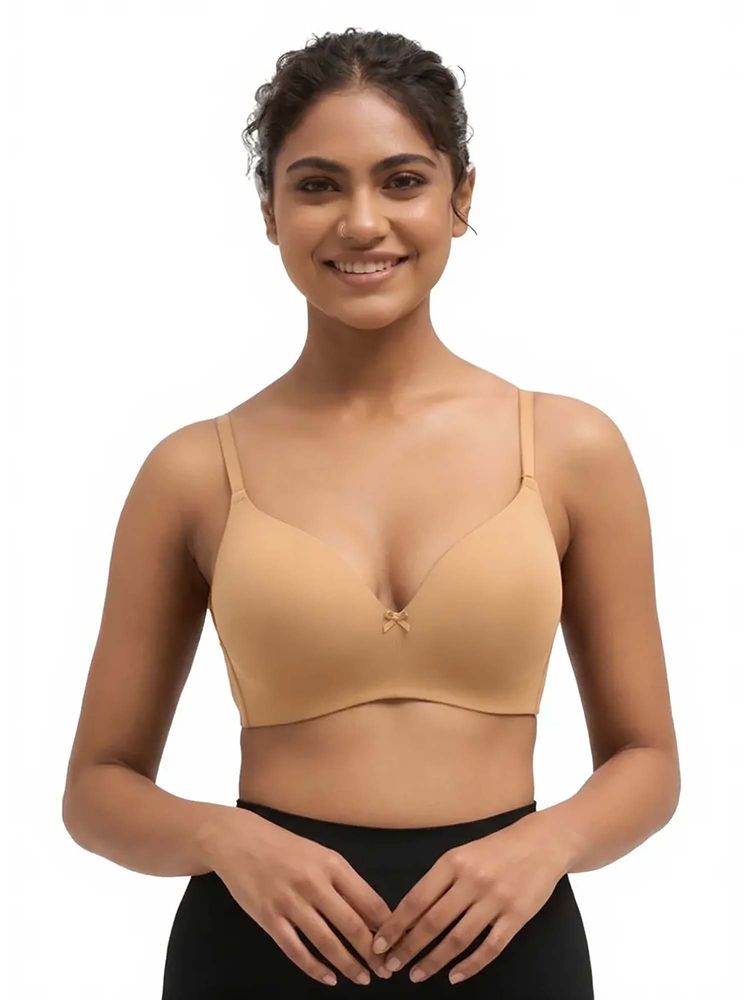 BLOSSOM Medium Coverage Soft Polyamide-Elastane Fabric Seamless Beige Bra-image-9