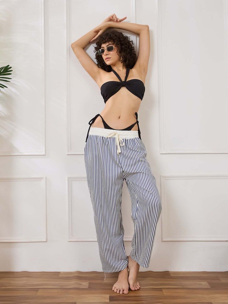 Secrets By ZeroKaata Women Ribbed Halter Navy Blue Swim Bikini Set with Striped Pant-image-5