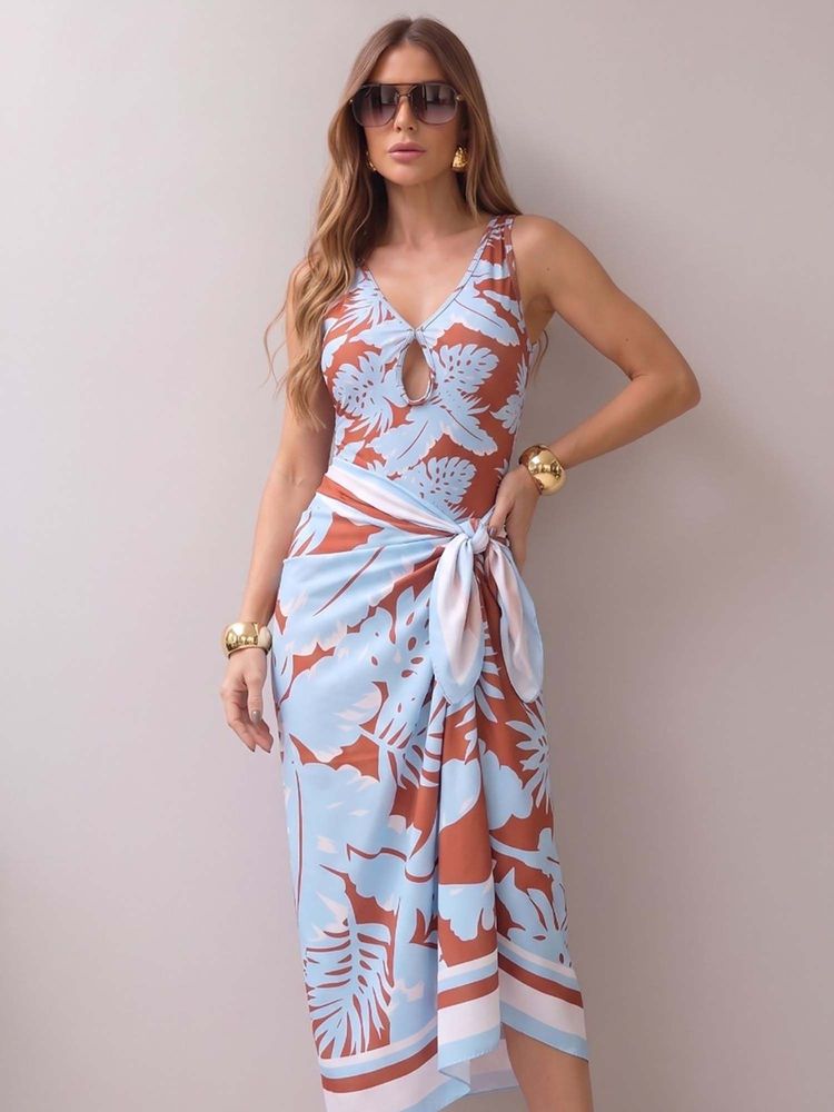 Addery Tropical Print Monokini with Sarong-image-0