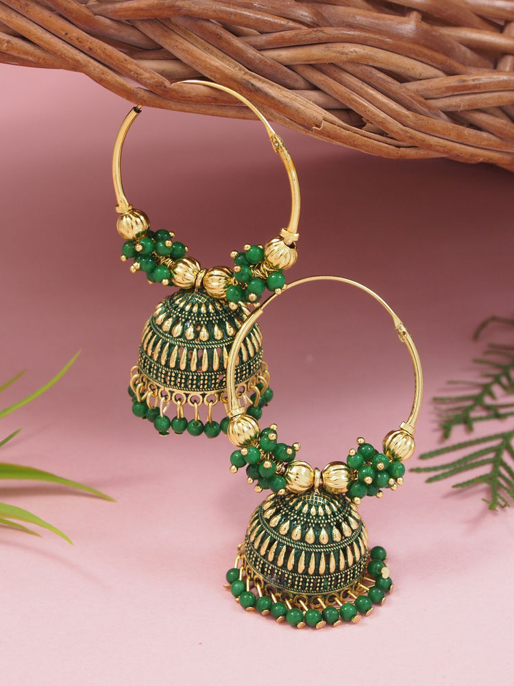 I Jewels Green and Gold-Plated Beaded Traditional Jhumkas Earrings