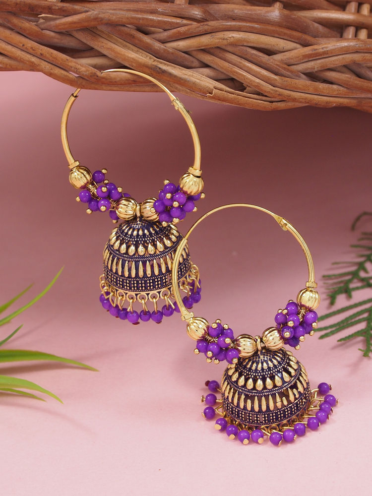 I Jewels Purple and Gold-Plated Beaded Traditional Jhumkas Earrings-image-46