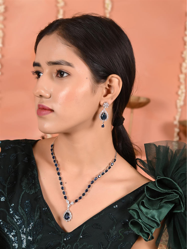 Ratnavali Jewels Silver Plated Navy Blue American Diamond CZ Drop Necklace with Earrings-image-39
