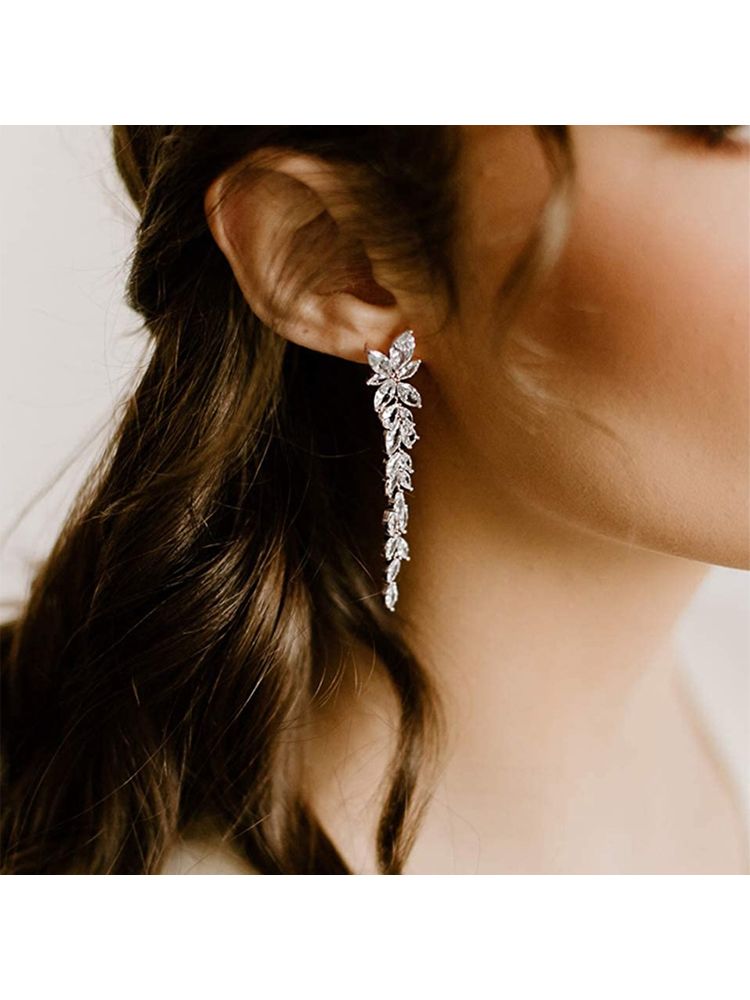 Yellow Chimes Silver-Toned and White Leaf Shaped Drop Earrings-picture-21