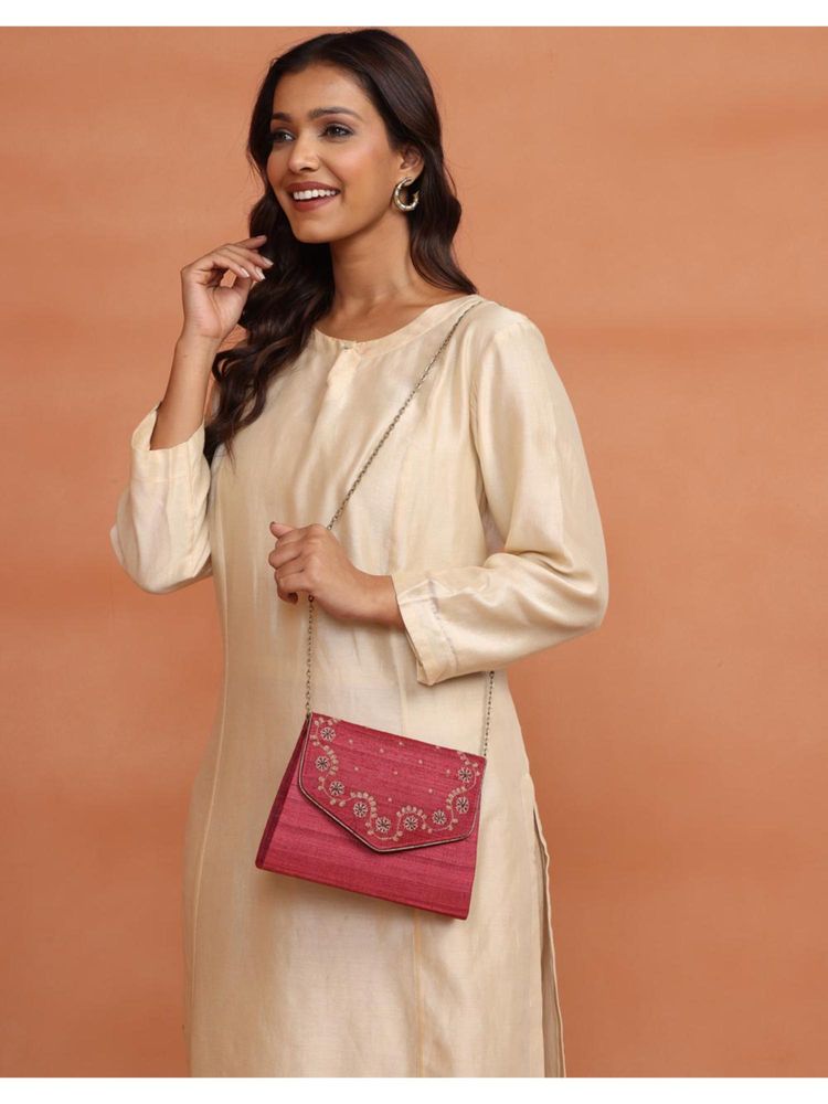Fabindia Red Hand Embroidered Clutch with Detachable Strap (M)-image-4