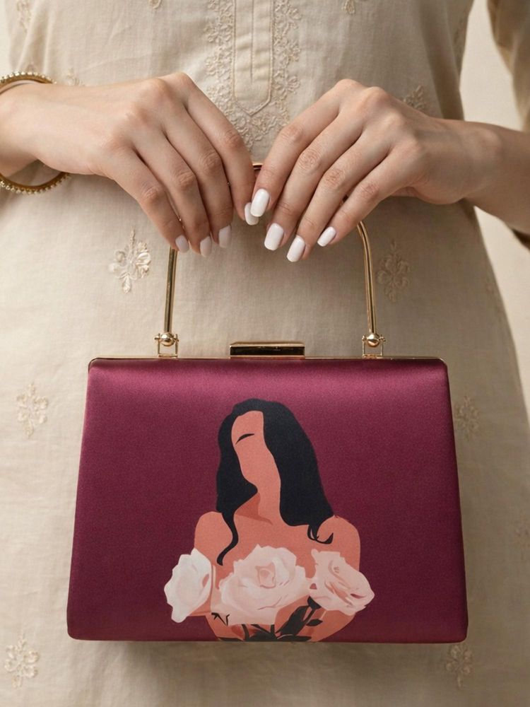 ARTKLIM Maroon Based Girl Portrait Printed Clutch-picture-11