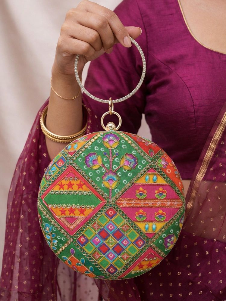 ARTKLIM Green Ethnic Round Embroidered Clutch-picture-45