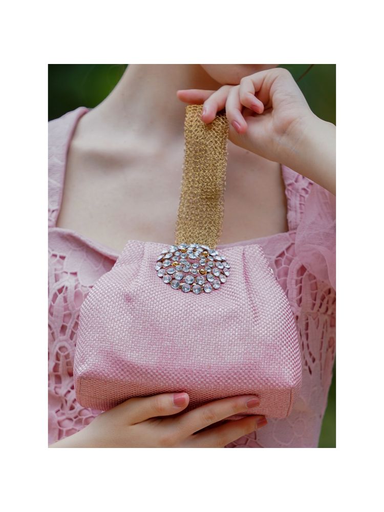 Odette Pink Embellished Clutch Bag With Golden Mesh Handle-picture-10