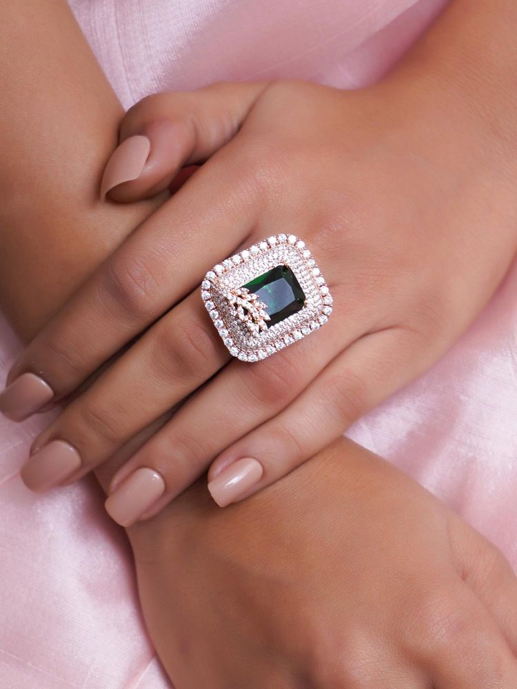 Adwitiya Rose Gold Plated Ad Stone and Green Emerald Studded Adjustable Ring-image-39