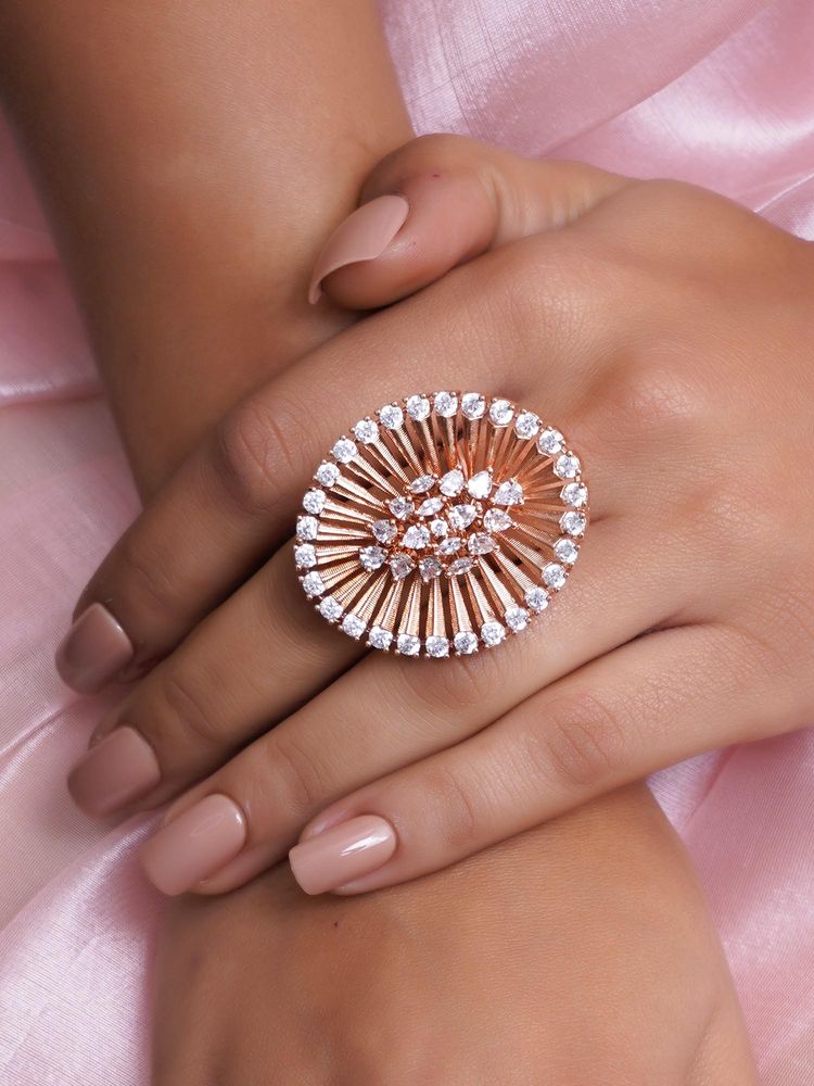 Adwitiya Rose Gold Plated Ad Stone Studded Oval Shape Adjustable Ring-image-11