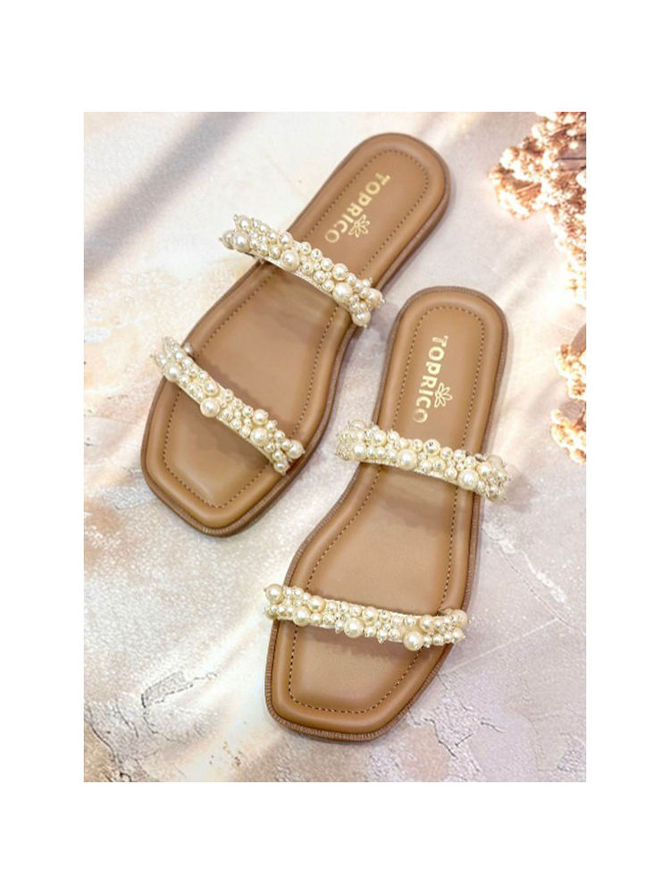 Toprico Two Strap Beads Embroidered Pearly Tan Flat