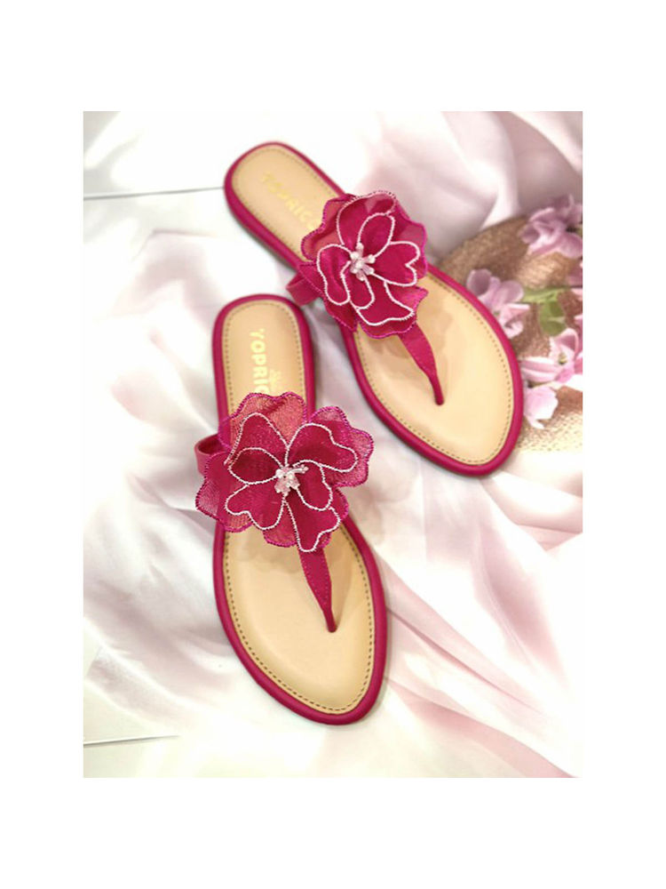 Toprico T-Strap Beads Embroidered Pink Flower Flat-image-31