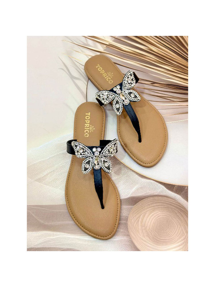 Toprico T-Strap Beads Embroidered Tan Butterfly Flat-image-32