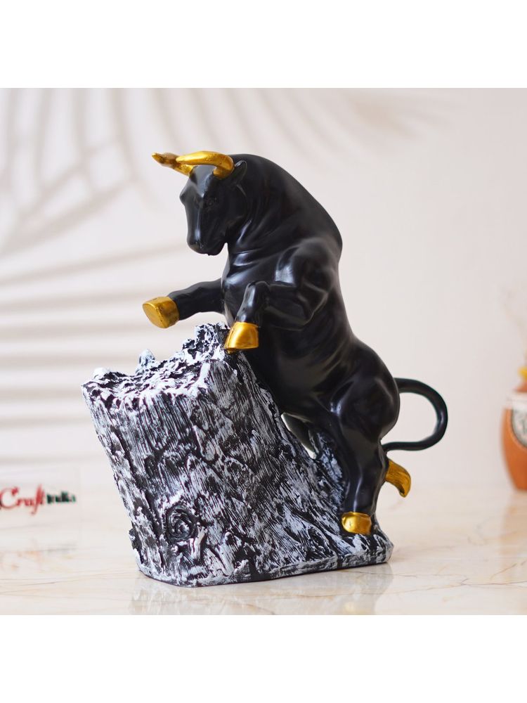 eCraftIndia Black Polyresin Bull Statue with Golden Horns, Climbing on Rock Showpiece-picture-13