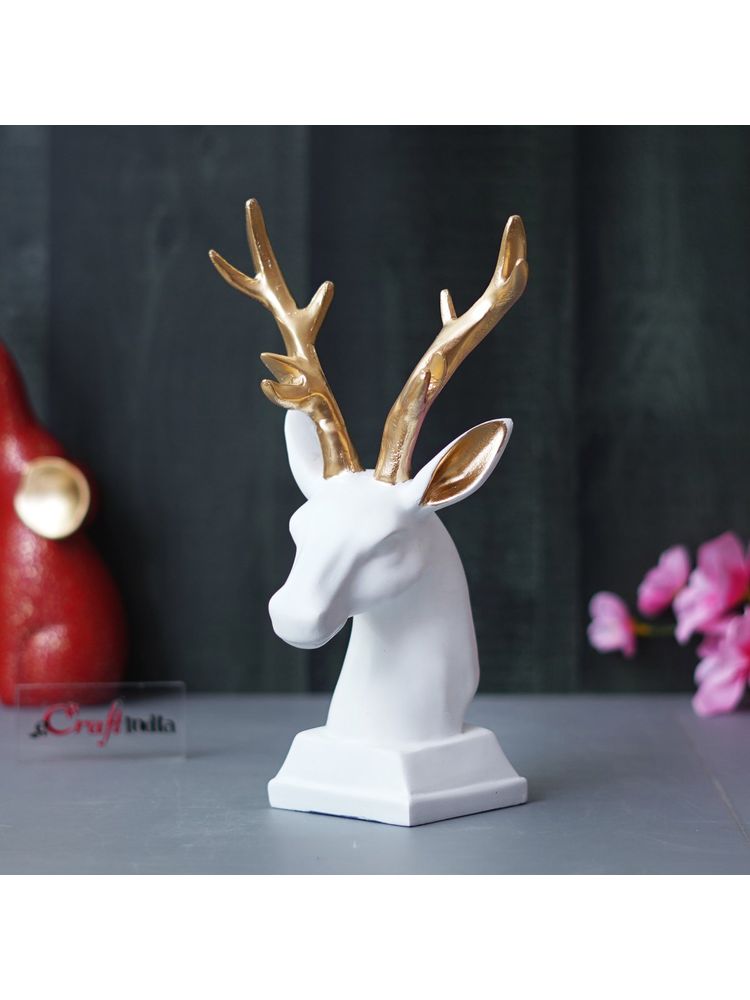 eCraftIndia White Polyresin Reindeer Head Statue with Golden Antlers Animal Showpiece-image-5