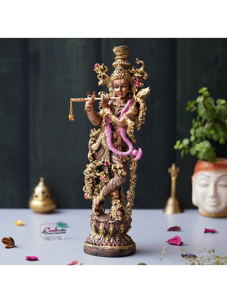 eCraftIndia Golden Standing Lord Krishna Idol Playing Flute Statue