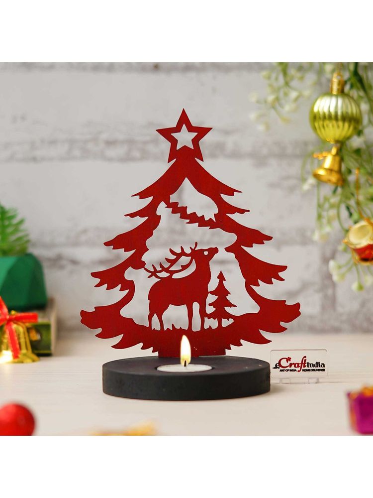 eCraftIndia Red Wooden Merry Christmas Tree Reindeer Showpiece Tealight Candle Holder-image-23