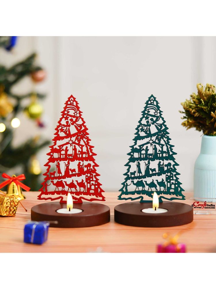 eCraftIndia Set of 2 Wooden Jesus Nativity Scene Christmas Tree Tight Candle Holder-picture-2
