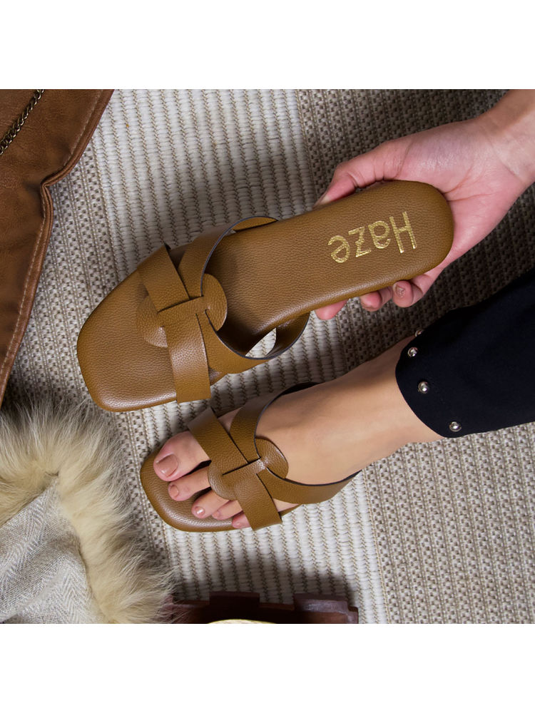 Coral Haze Camel Tan Leatherite Strappy Flats-picture-12