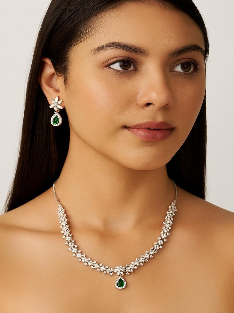 Jewelz Silver-Tone Floral Necklace Set With Green Tear Drop Stones-picture-24