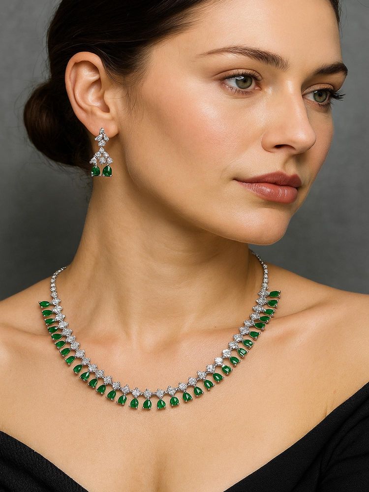 Jewelz Silver-Tone Necklace Set With Green And White Stones-picture-19