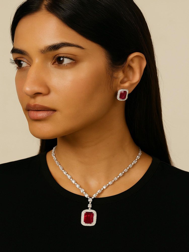 Jewelz Silver-Tone Necklace Set With Red Stone Pendant And Matching Earrings-picture-19