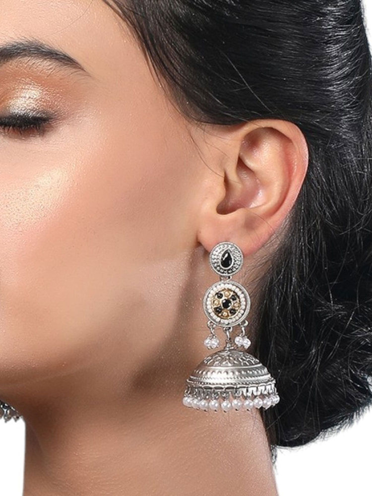 Auraa Trends Oxidized Silver Dome Jhumka Earrings With Pearl Beads And Black Stone-picture-12