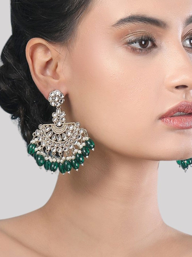Auraa Trends Antique Gold-Plated Kundan Chandbali Earrings With Green Beads And Pearls-image-17