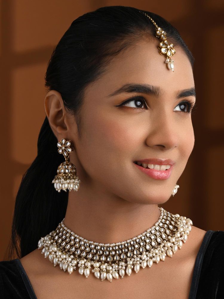 jewelz I Jewels Gold Plated Traditional Kundan Pearl Jewellery Set White-picture-28