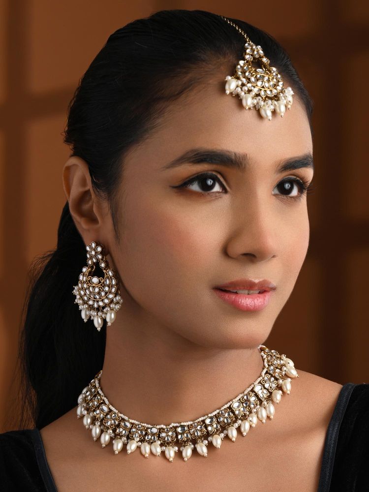 jewelz I Jewels Gold Plated Traditional Kundan Pearl Jewellery Set White-picture-27