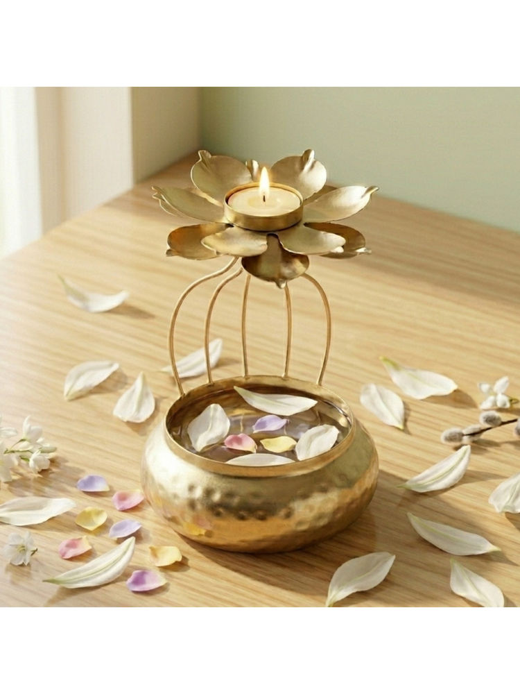 eCraftIndia Golden Lotus Urli with Tea Light Holder for Home Decor Gift-image-20