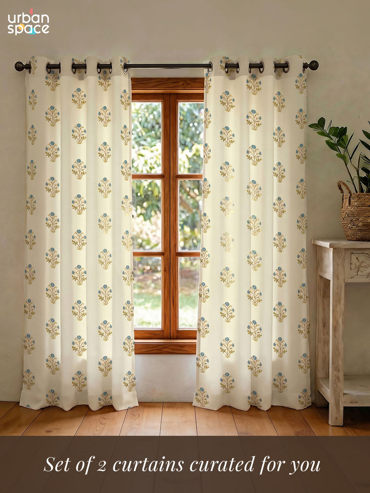 Urban Space Zari Mohar Blue Cotton Foil Curtains (Pack of 2)-picture-20