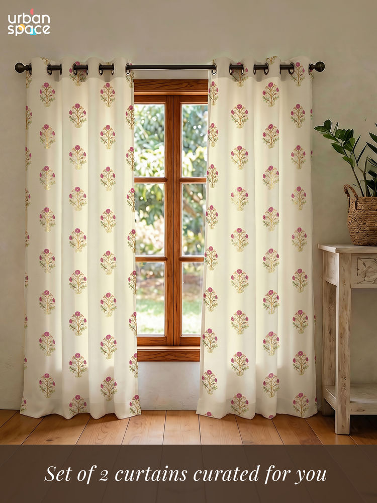 Urban Space Zari Mohar Pink Cotton Foil Curtains (Pack of 2)-picture-14