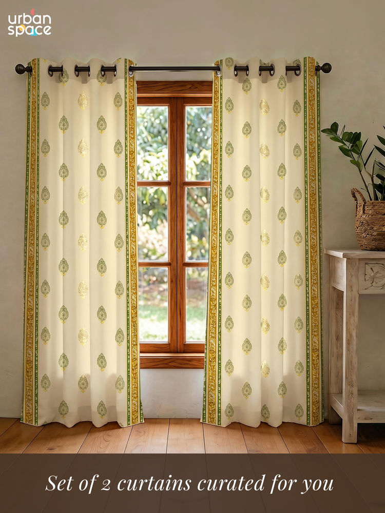 Urban Space Zari Buta Sage Green Cotton Foil Curtains (Pack of 2)-picture-23