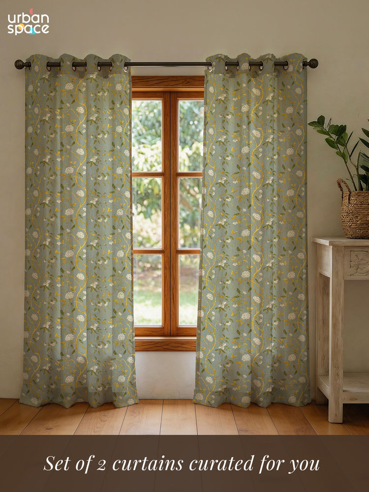 Urban Space Zari Baagh Sage Green Cotton Foil Curtains (Pack of 2)-picture-16