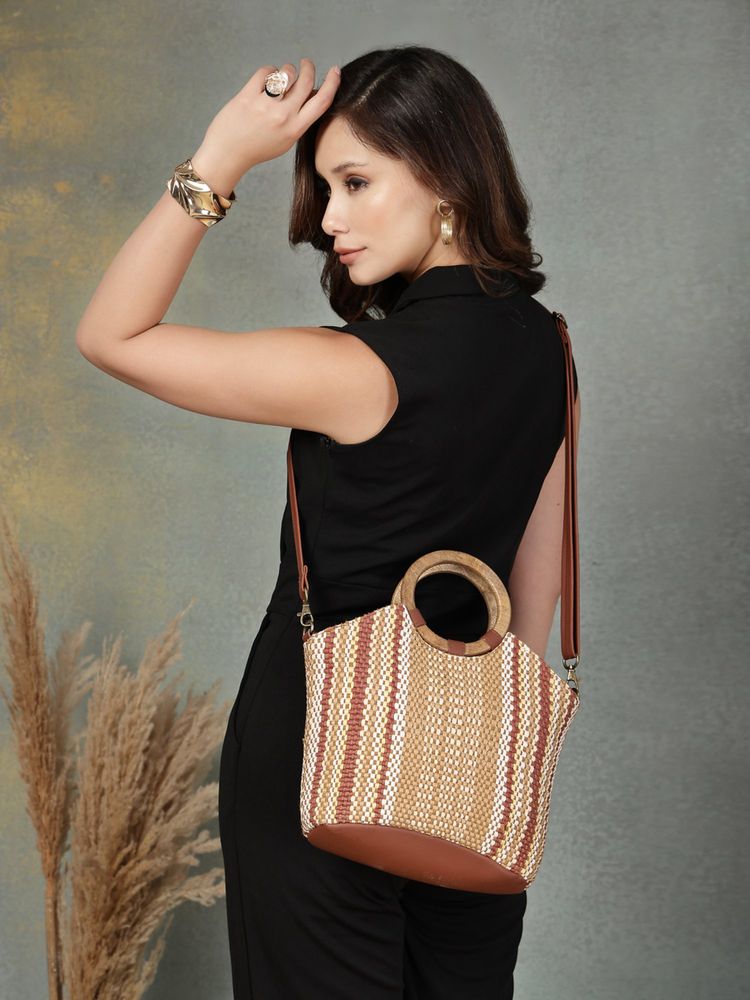 Anekaant Earth Knots Tan Jute Striped Handheld Bag with Detachable Strap-picture-26