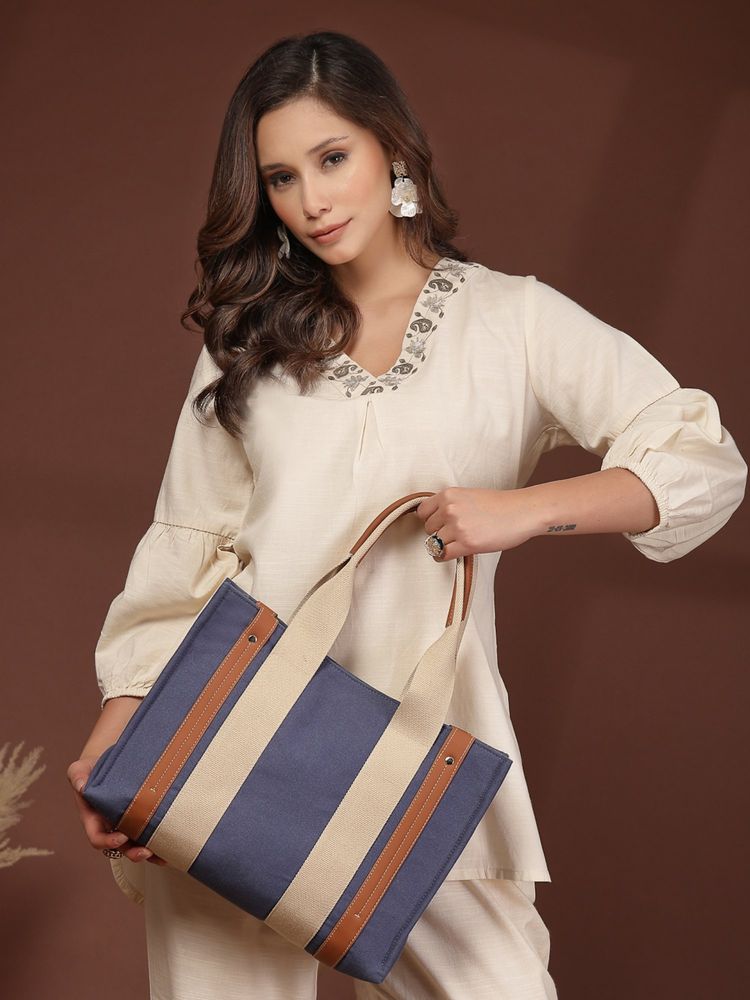 Anekaant Sutra Soil Navy Blue Canvas Colorblocked Handheld Bag-picture-10