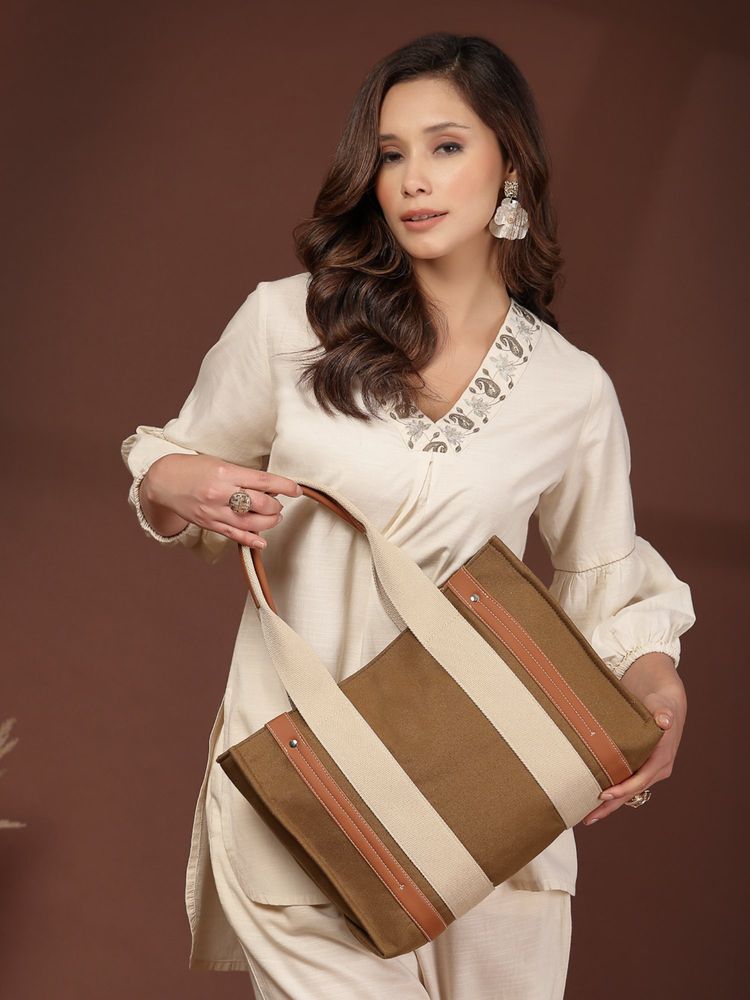 Anekaant Sutra Soil Olive Green Canvas Colorblocked Handheld Bag-picture-19
