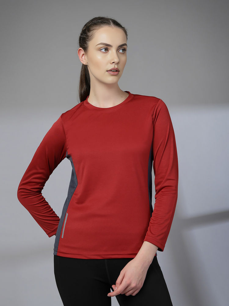 CHKOKKO Womens Full Sleeve Dry Fit Gym T-Shirt, Breathable Mesh Workout Top Maroon-image-5