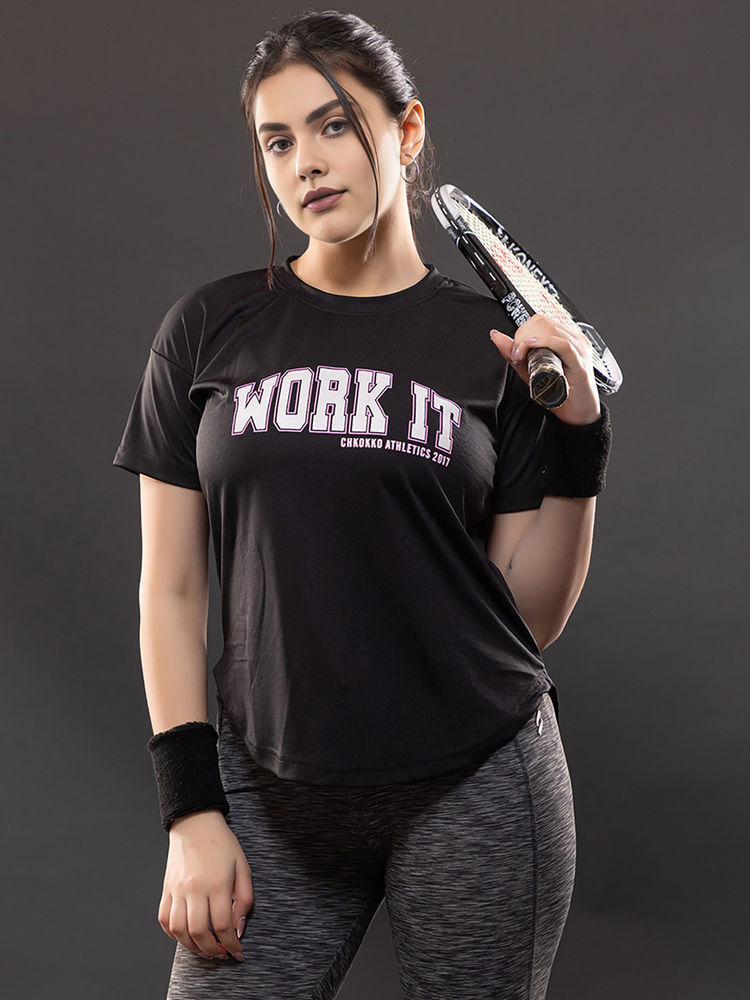 CHKOKKO Womens Round Neck Typography Apple Cut T Shirt Breathable Black-image-47