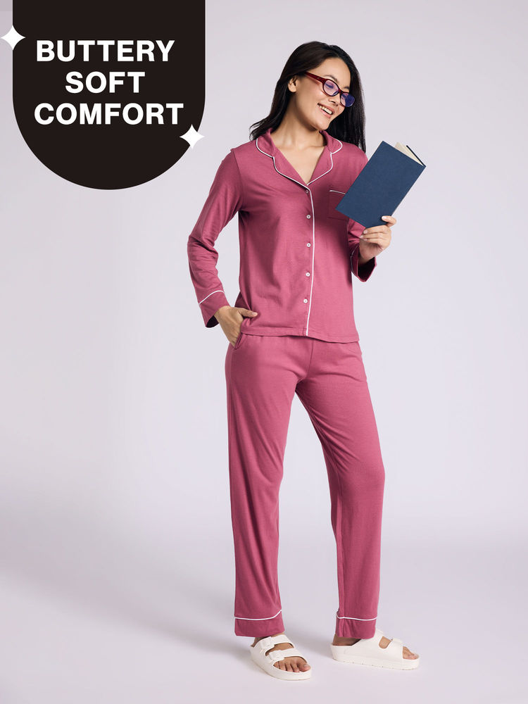 Nykd By Nykaa Buttery Soft Cotton Modal Button-Down Pyjama Set Of 2 Nys926 Dusty Pink-picture-17
