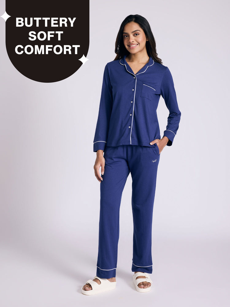 Nykd By Nykaa Buttery Soft Cotton Modal Button-Down Pyjama Set Of 2 Nys926 Navy-picture-19