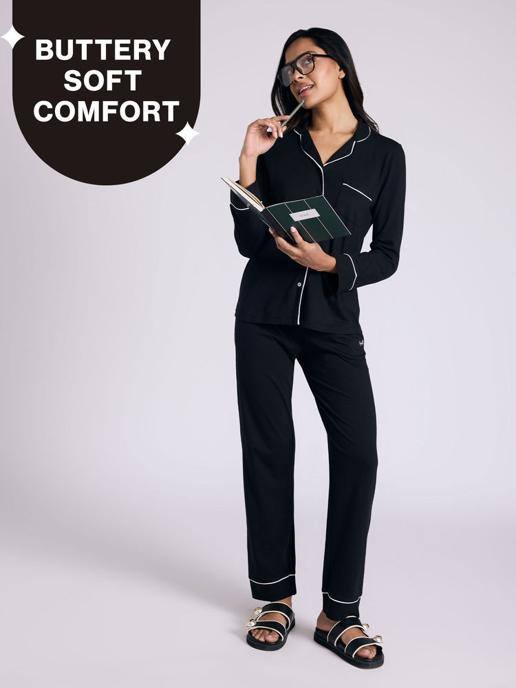 Nykd By Nykaa Buttery Soft Cotton Modal Button-Down Pyjama Set Of 2 Nys926 Black-image-8